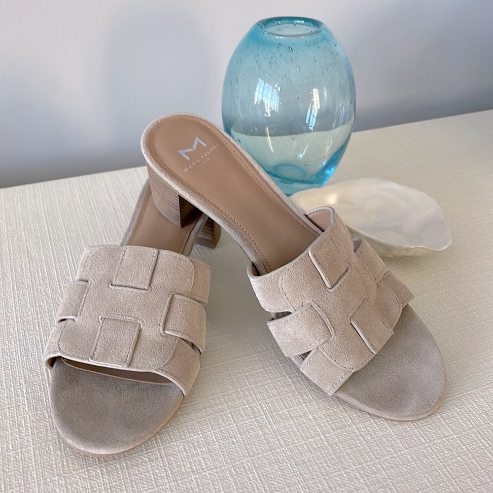 Marc Fisher low-heeled slides. Tan suede. Size 8.5. Worn once. Like new!
